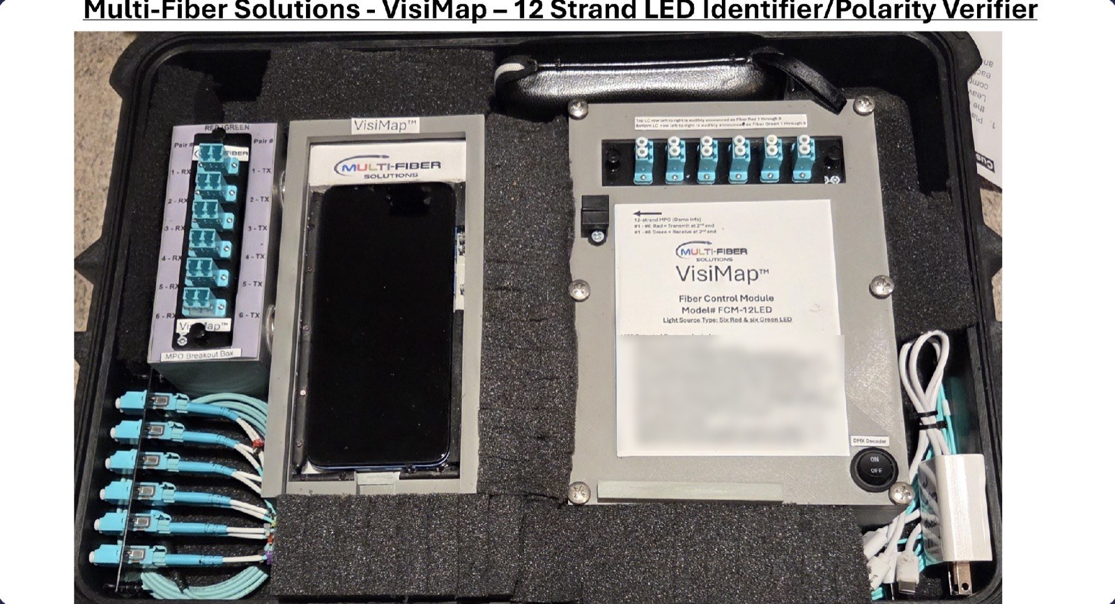 VisiMap 12-strand LED identifier and polarity verifier kit: MPO breakout box, 2nd end receiver, and FCM-12LED in a hard case